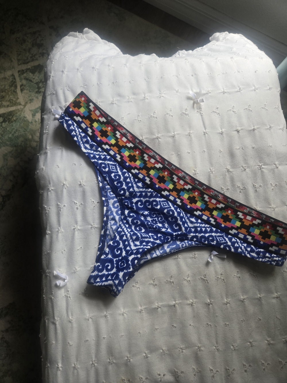 Blue Geometric Bikini Bottom with Multicolor Woven Waistband